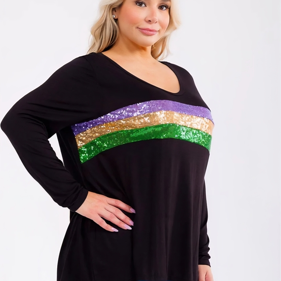 BiBi Tops - CH11 NWT BiBi Sequins Striped Colorblock Long Sleeve V-Neck Tunic Plus 1X 2X 3X